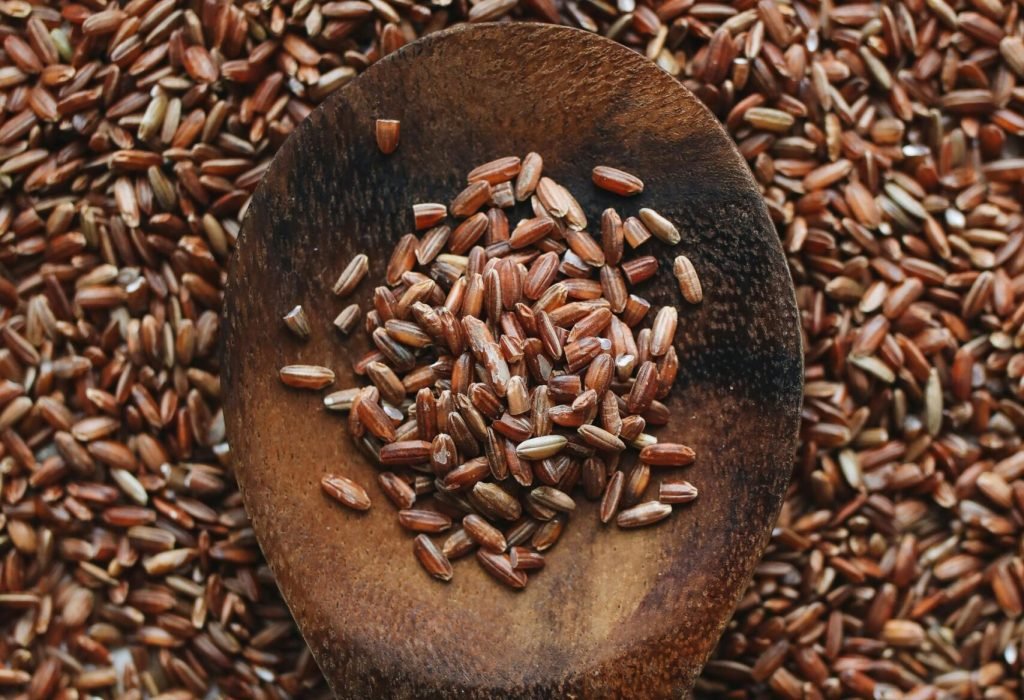 Close-up of a wooden spoon filled with raw brown rice grains, ideal for food and nutrition concepts.